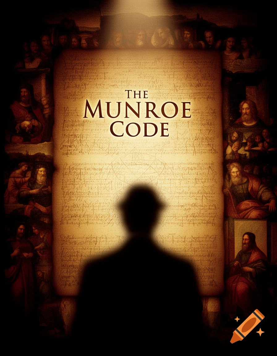 Dark movie poster with a silhouette, "THE MUNROE CODE" title on a scroll, surrounded by classical portraits.