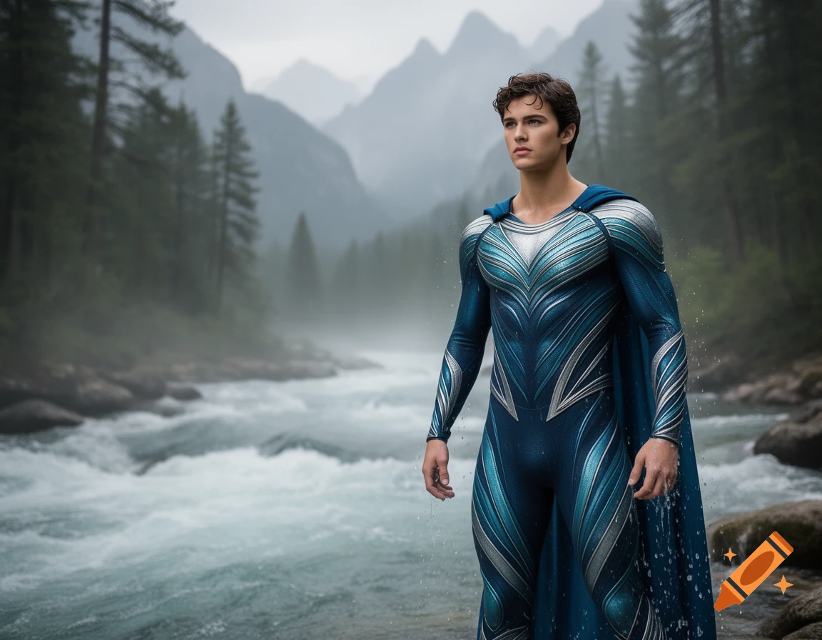 Photorealistic image of a young man in a blue and silver superhero suit with a cape, standing by a rushing river in a misty mountain forest.