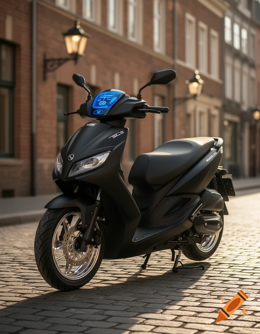 A matte black MBK scooter with a blue digital display parked on a cobblestone street in front of brick buildings.