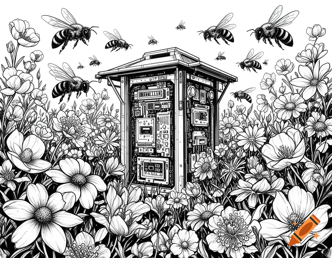Black and white line drawing of bees flying around an electronic insect refuge amidst a field of various flowers.