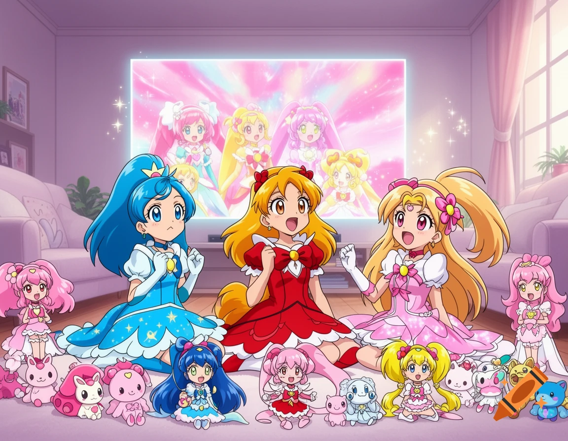 Three anime girls dressed as Pretty Cure characters sit on a floor in a living room, surrounded by Pretty Cure dolls and plush toys, watching a magical girl anime on a large screen.