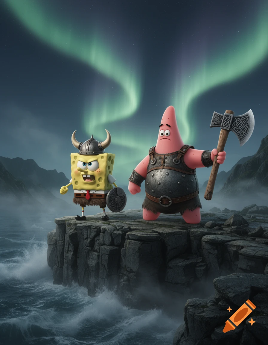 Spongebob and Patrick as grim Vikings on a rocky cliff over a stormy sea, under green aurora borealis, 3D animation.