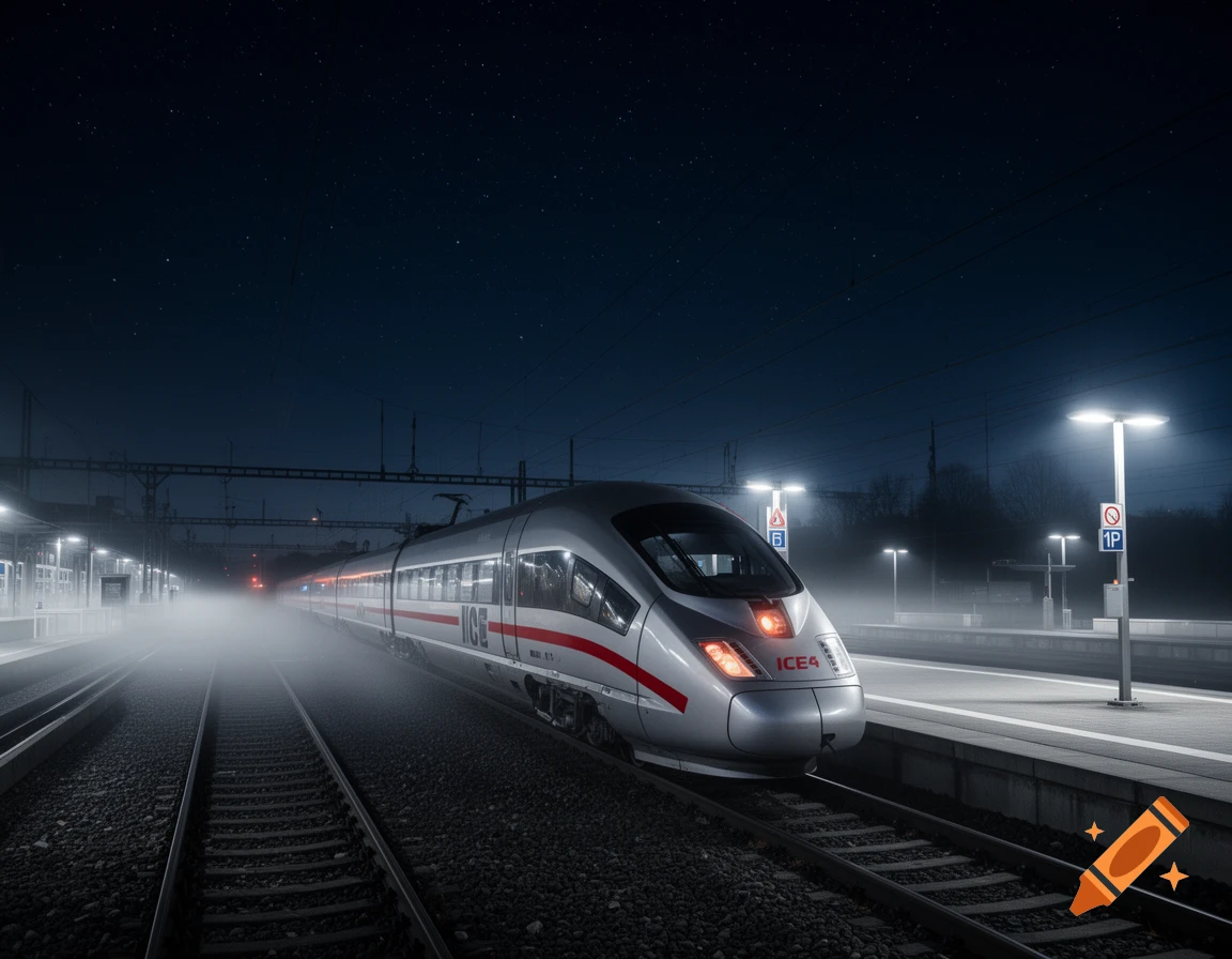A photorealistic silver ICE 4 train with red stripes at a misty station platform at night under a starry sky.