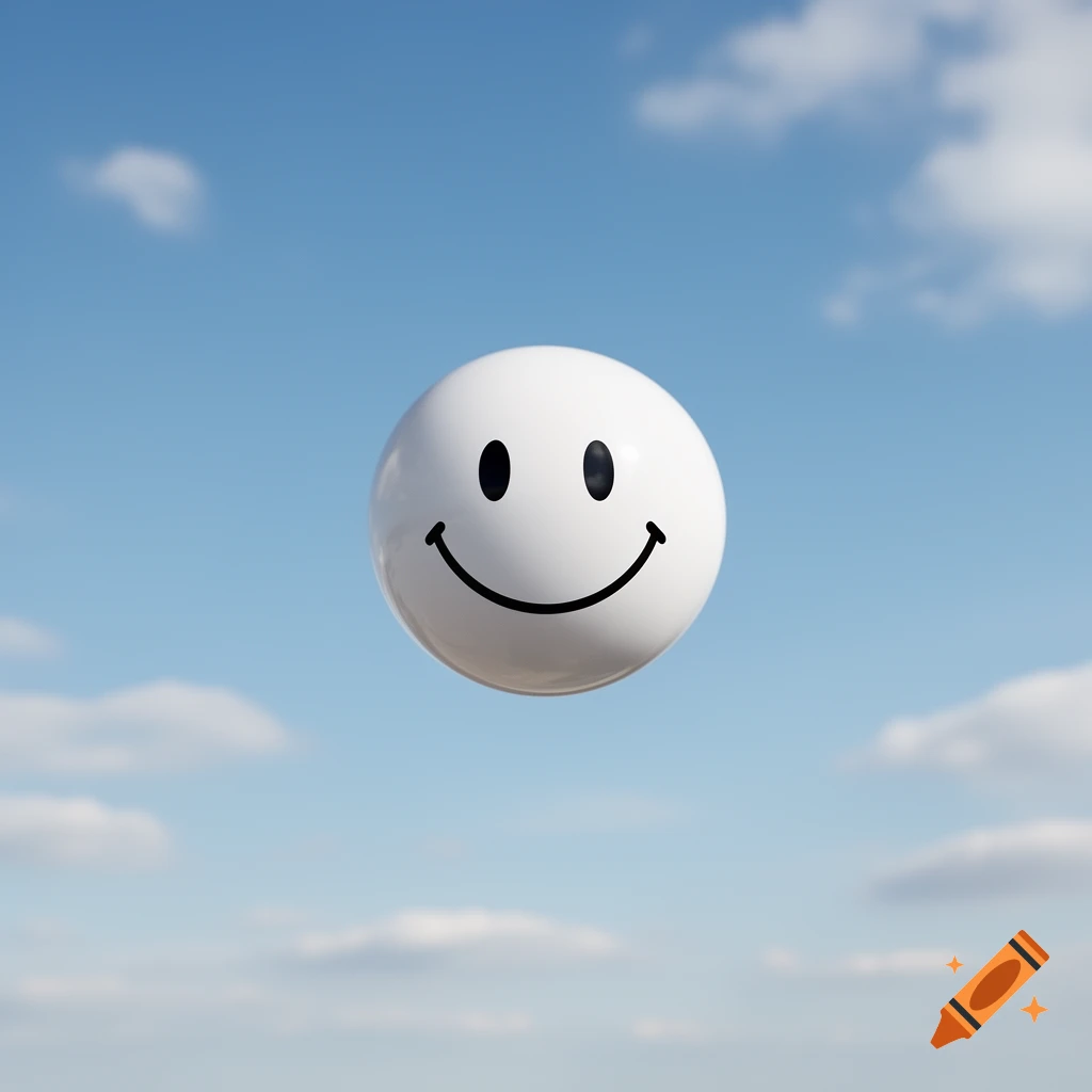 A white floating smiley face against a clear blue sky with scattered clouds.