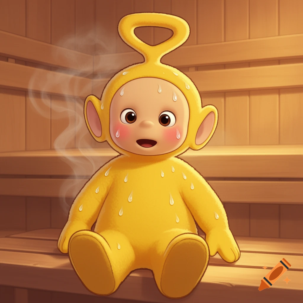 A cartoon yellow Teletubby, Laa-Laa, sits sweating in a wooden sauna with steam rising.