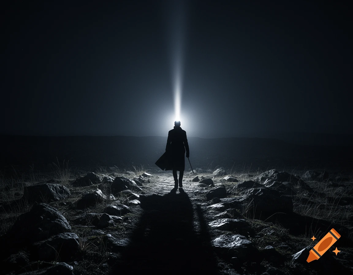 A silhouetted person walks through a dark, rocky landscape at night, guided by a brilliant beam of light above their head.