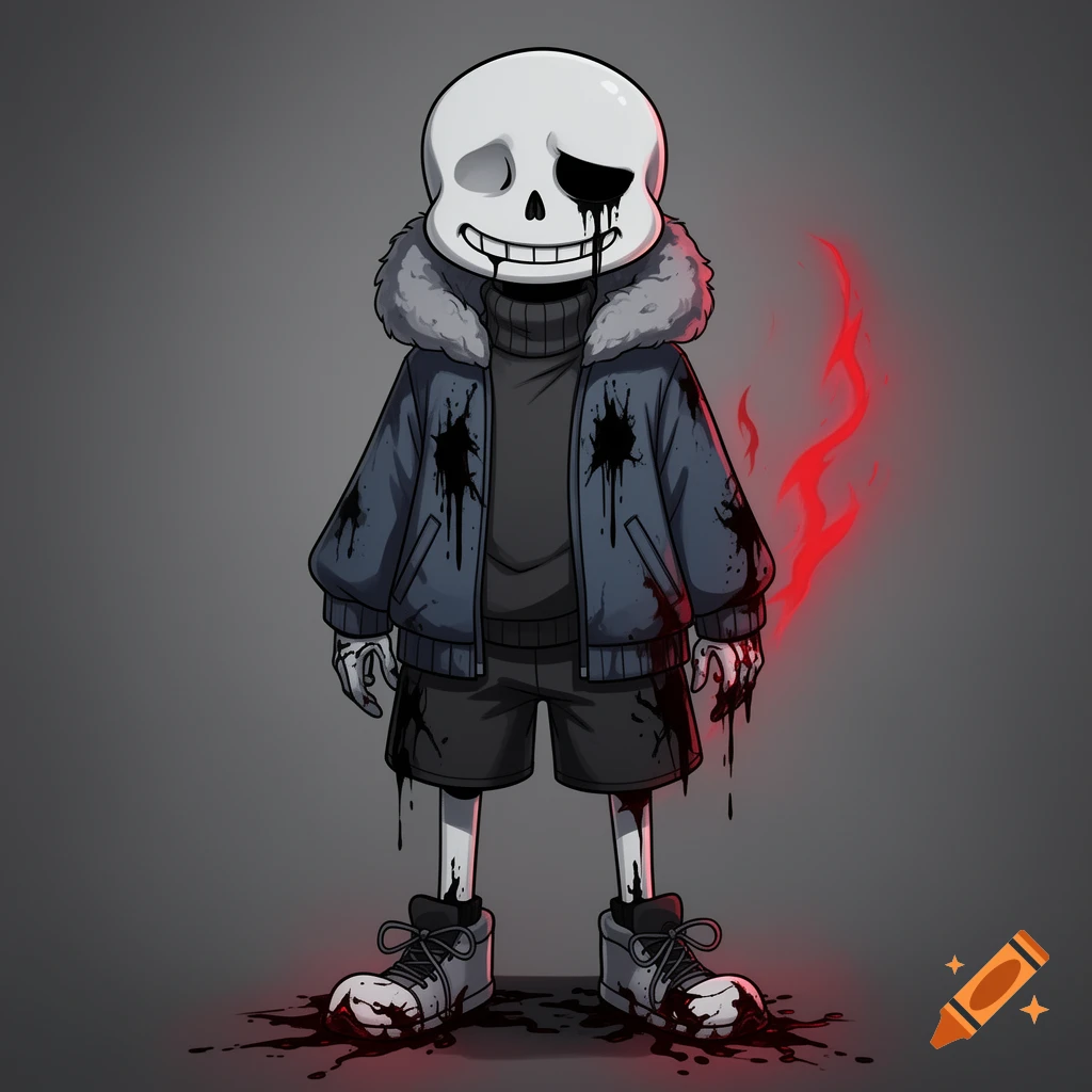 A cartoon skeleton character, Killer!Sans, with a black-dripping right eye, wearing a dark blue fur-lined jacket, black turtleneck, shorts, and shoes, with red and black splatters on his clothes and the ground, and a red fiery aura on his right side.