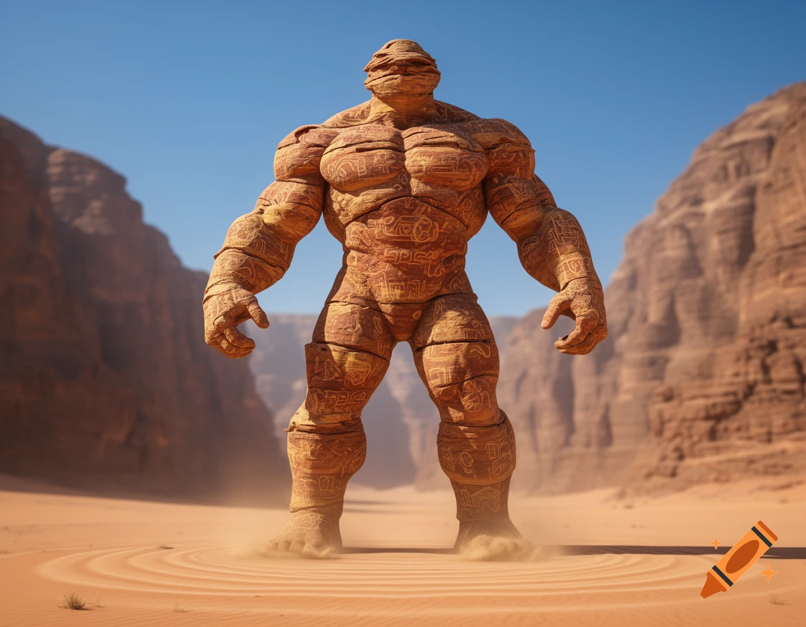 A towering, muscular colossus made of sandstone covered in ancient symbols stands in a vast desert canyon under a clear blue sky.