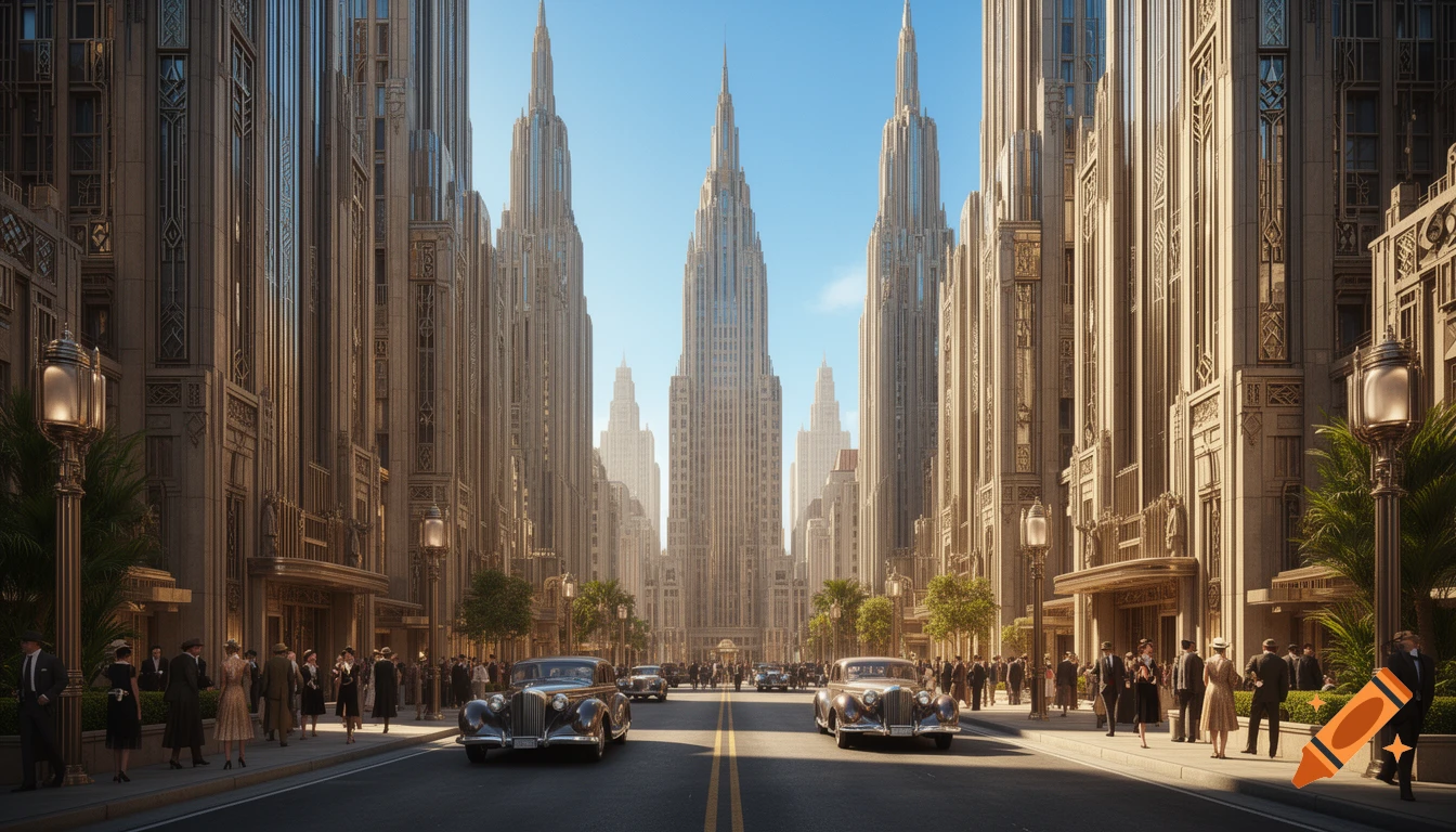Photorealistic retrofuturistic Art Deco city street with towering skyscrapers, vintage cars, and people walking.