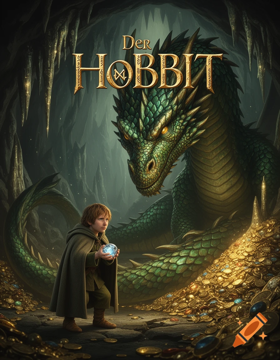 A hobbit holds a glowing orb in a treasure-filled cave, facing a giant green dragon. The title "Der HOBBIT" is at the top, fantasy art style.
