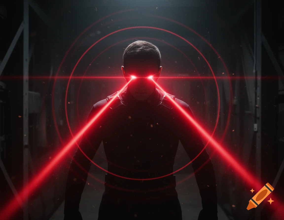 A man with glowing red eyes emits powerful red laser beams forward in a ...