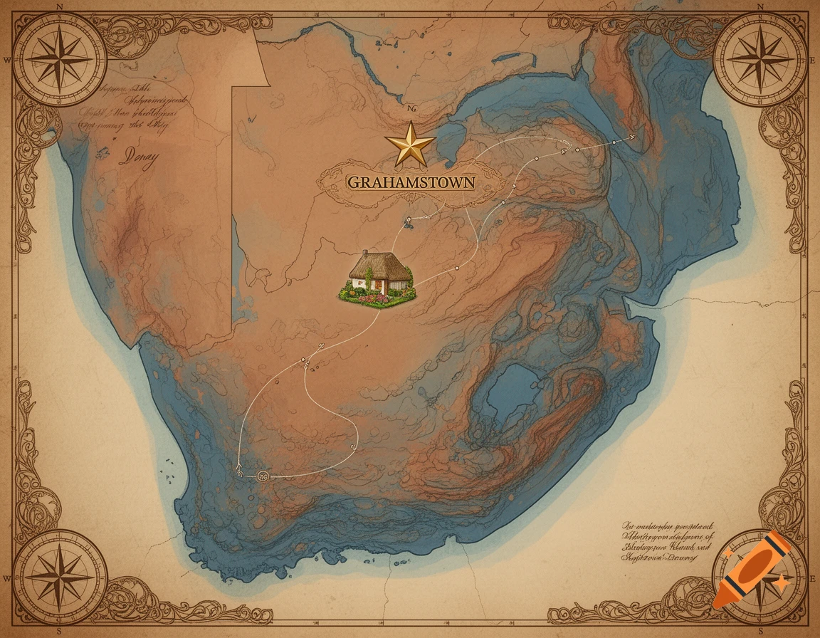 An old-world style map of South Africa, featuring a gold star over "GRAHAMSTOWN" and a small cottage, with a dotted path leading to it.