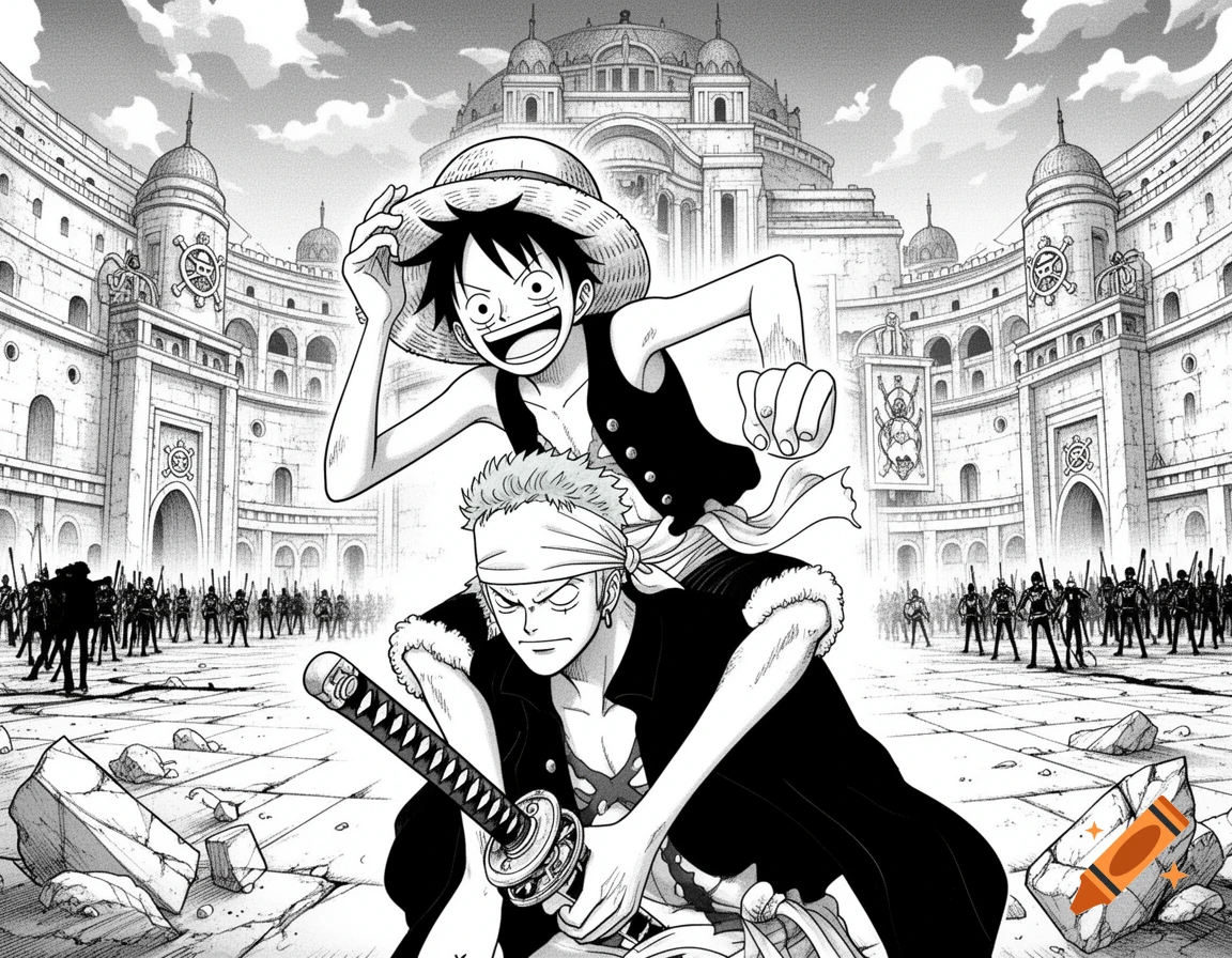 Black and white manga illustration of Luffy riding on Zoro's back within a grand fortress, surrounded by an army.