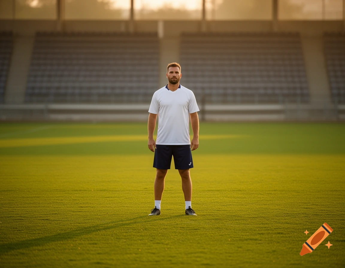 A man standing in a soccer field, wearing a white shirt and dark shorts, with stadium seats in the background.