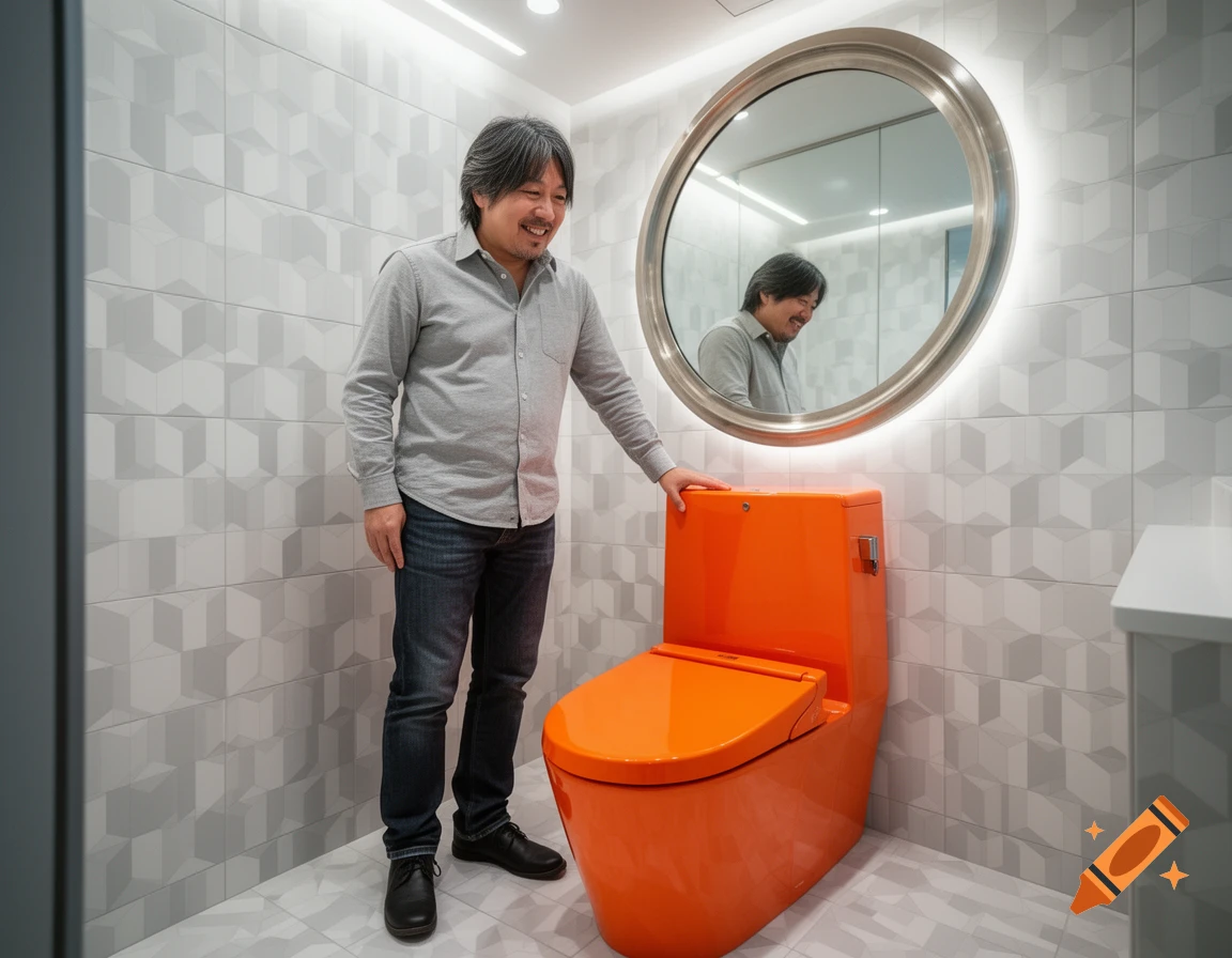 A smiling man in a grey shirt and jeans stands next to a bright orange toilet in a modern bathroom with geometric white tiles.