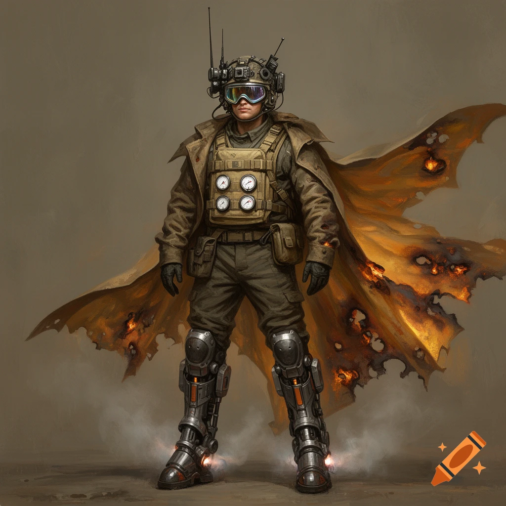 Sci-fi military scout in a weathered longcoat with burning holes, helmet, goggles, and rocket piston boots, concept art style.