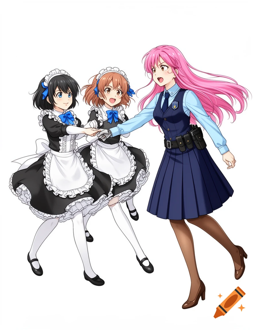 Three anime women, two maids in black and white dresses holding hands with a police officer in a blue uniform, on a white background.