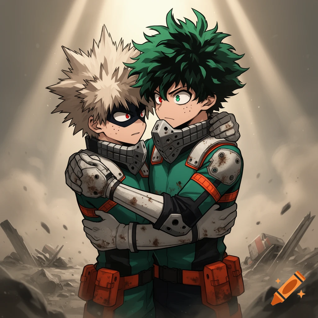 Anime characters Deku and Bakugo hug closely on a ruined, dusty battlefield with light shining down.