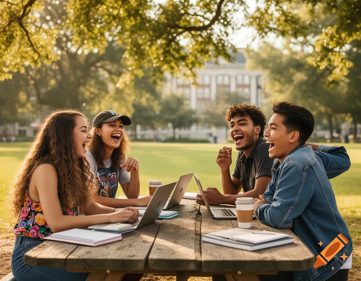 Four diverse college friends laugh while sitting at a picnic table with laptops and books in a sunny park.