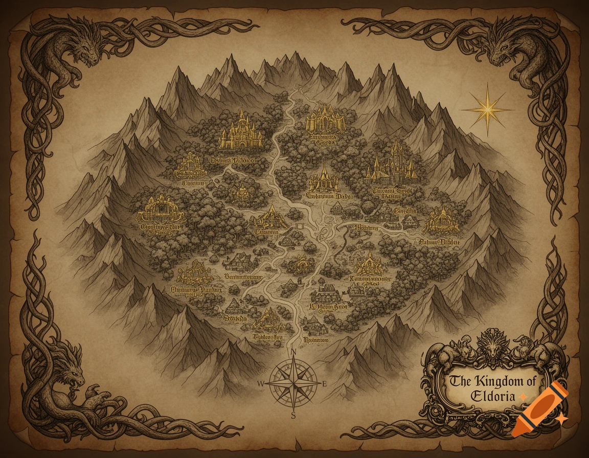 A detailed parchment fantasy map of a kingdom surrounded by mountains, featuring ornate dragon borders and labeled locations.