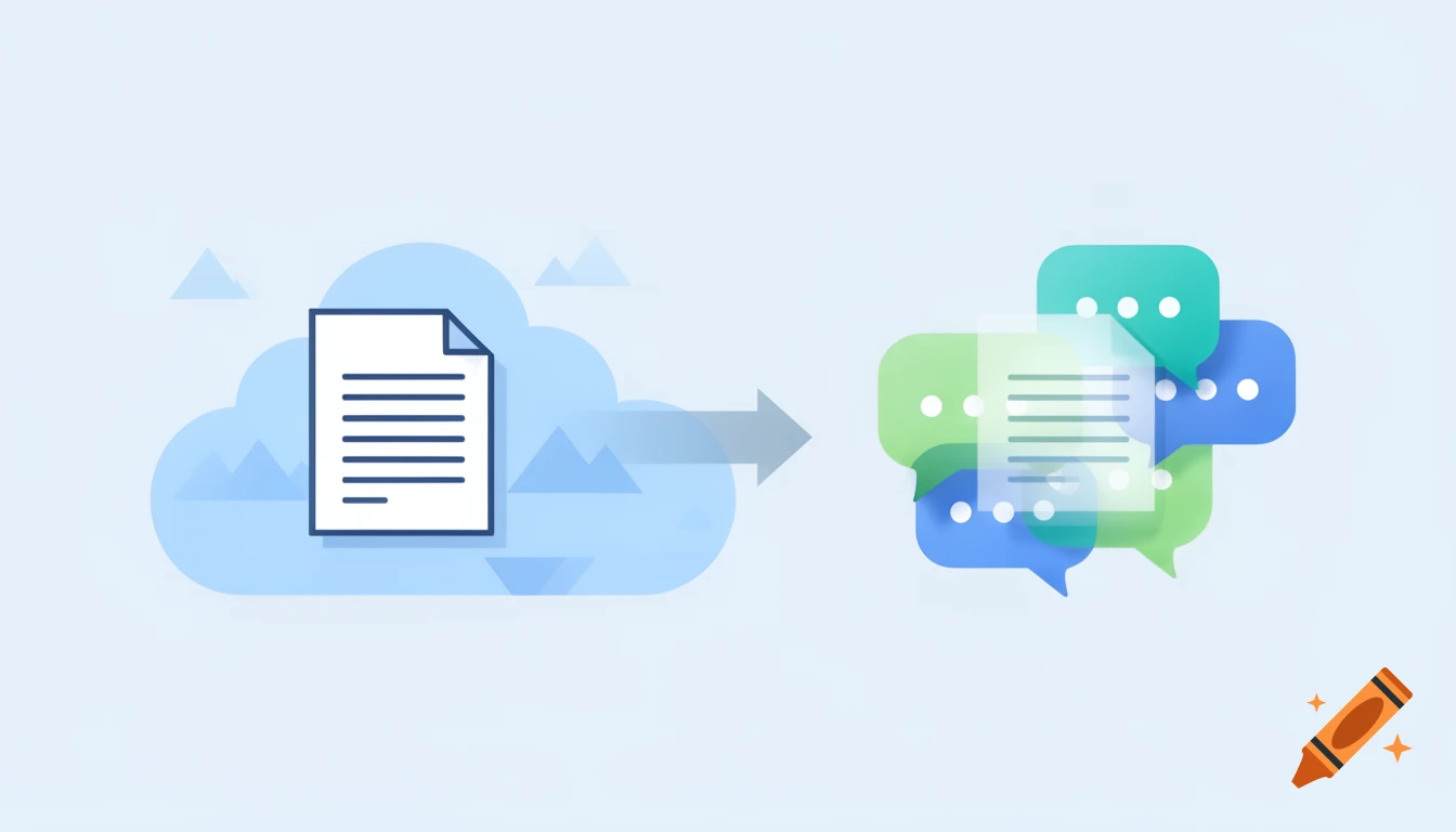 Flat illustration showing a document moving from a blue cloud through an arrow into a cluster of green and blue chat bubbles.
