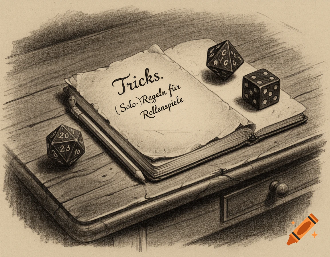 A sepia-toned pencil drawing of an open notebook with a pencil and three dice on an aged wooden table. Text reads "Tricks. (Solo-)Regeln f ür Rollenspiele".