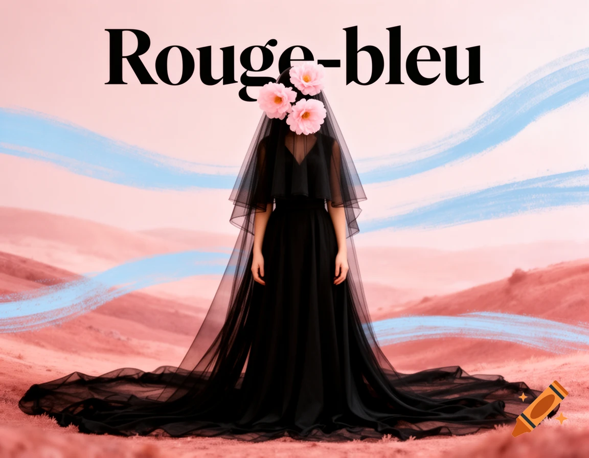 A woman in a black dress, veil, and pink flowers on her head stands in a pink desert with blue strokes, with "Rouge-bleu" text.