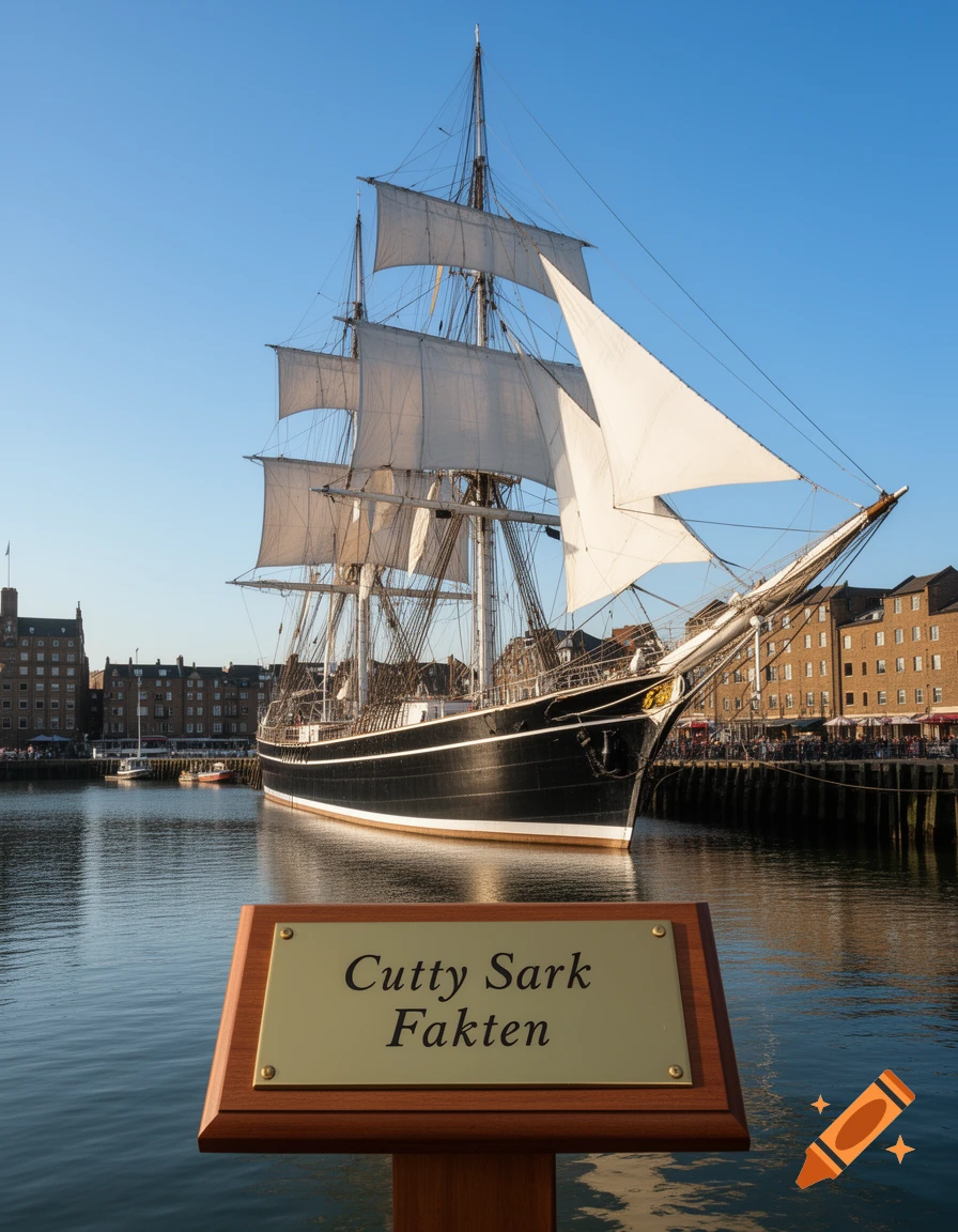 The historic black clipper ship Cutty Sark with white sails docked in a sunny harbor. A sign in the foreground reads 'Cutty Sark Fakten'.