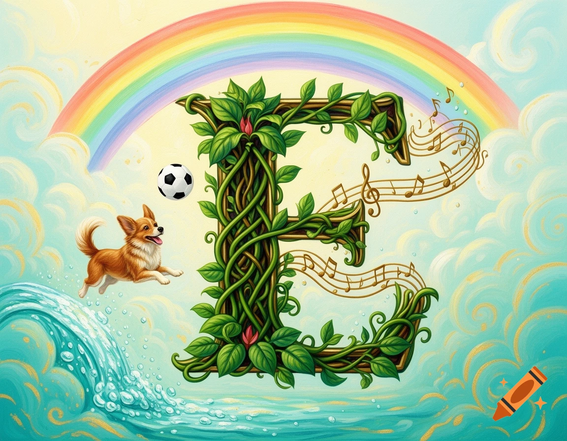 Whimsical illustration of an ornamental vine letter 'E' with musical notes, a jumping corgi, soccer ball, wave, and rainbow under clouds.