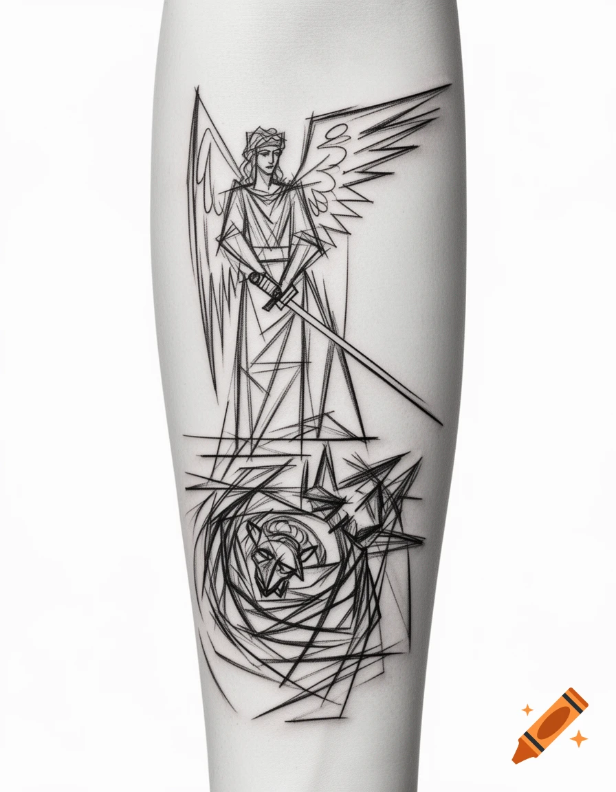 Minimalist black and white line art tattoo of an angel with a sword and wings, standing over a swirling, abstract demon.