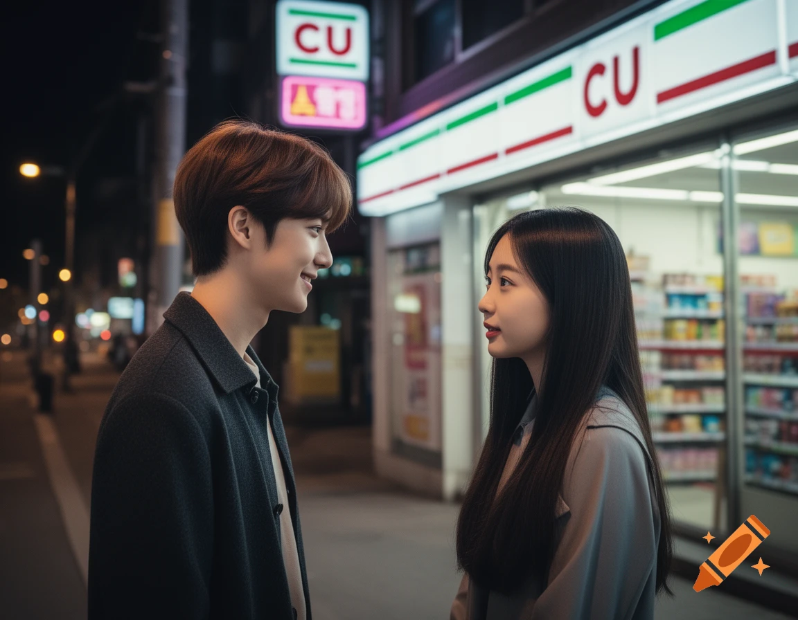 A young man and woman look at each other in front of a CU convenience store at night, in a realistic street photo.