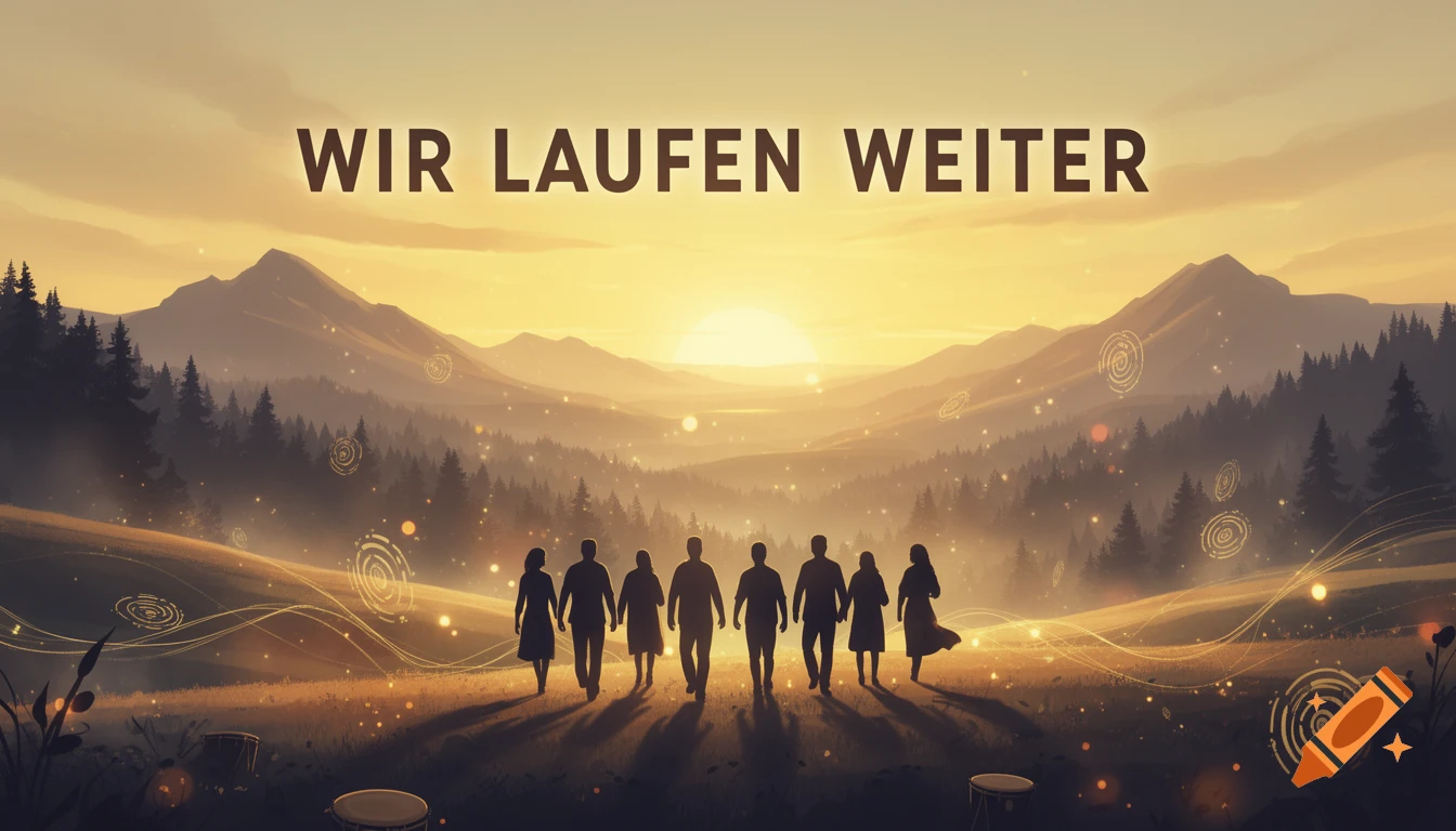 Stylized digital art of people silhouettes walking across a golden sunset landscape with mountains and text 'WIR LAUFEN WEITER'.