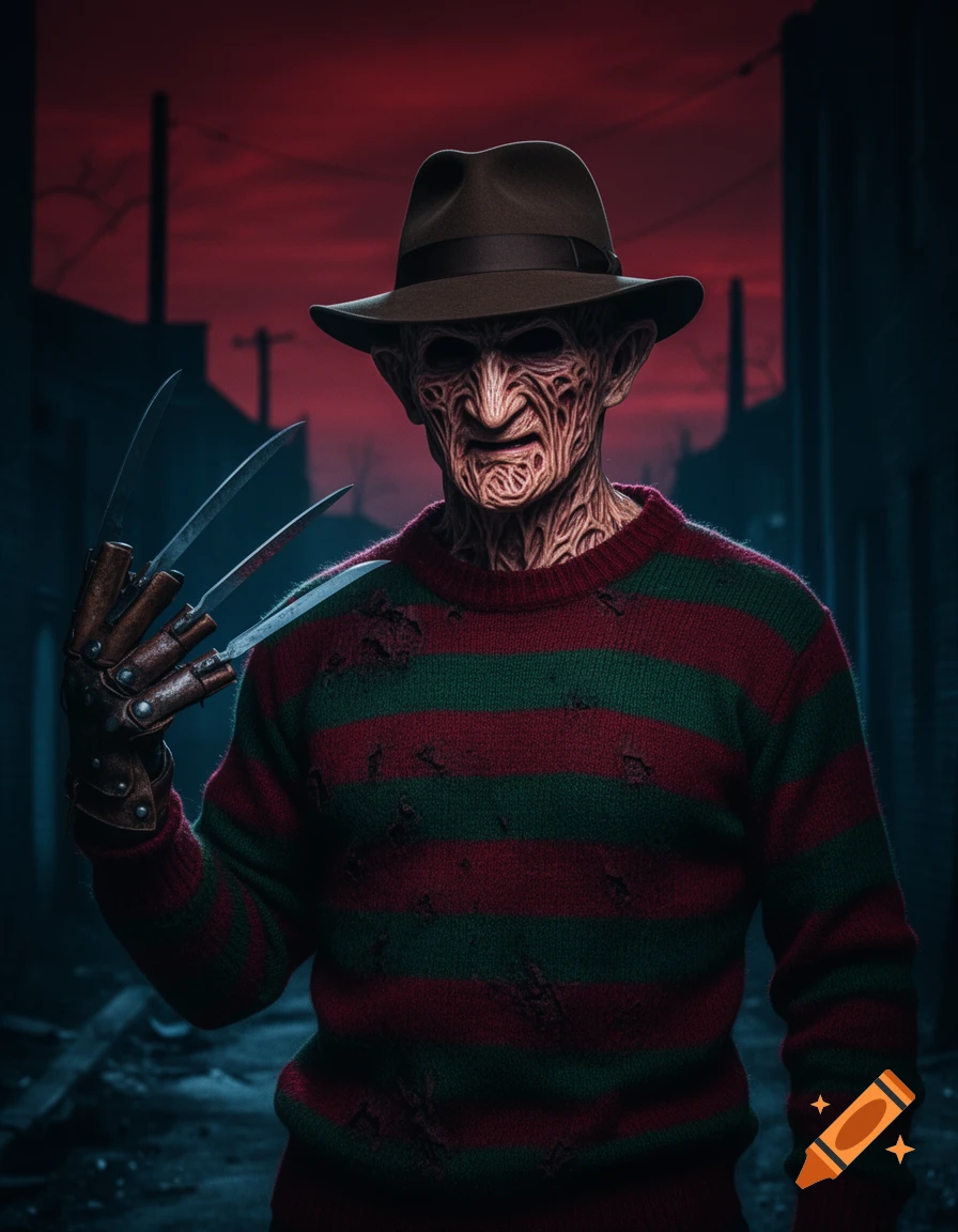 Photorealistic depiction of Freddy Krueger with his clawed glove, wearing a striped sweater and fedora, in a dark alley with a red sky.