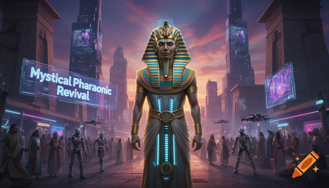 Cyberpunk cityscape at sunset with a majestic pharaoh, ancient-clad people, and robots under a 'Mystical Pharaonic Revival' sign.