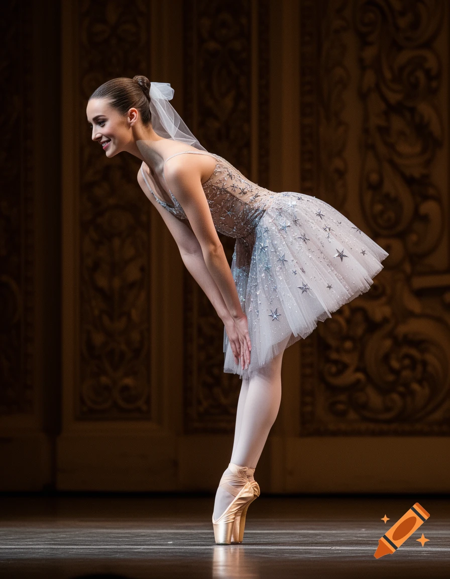 A smiling ballerina in a sparkling, star-embroidered tutu bows gracefully on pointe on a stage.