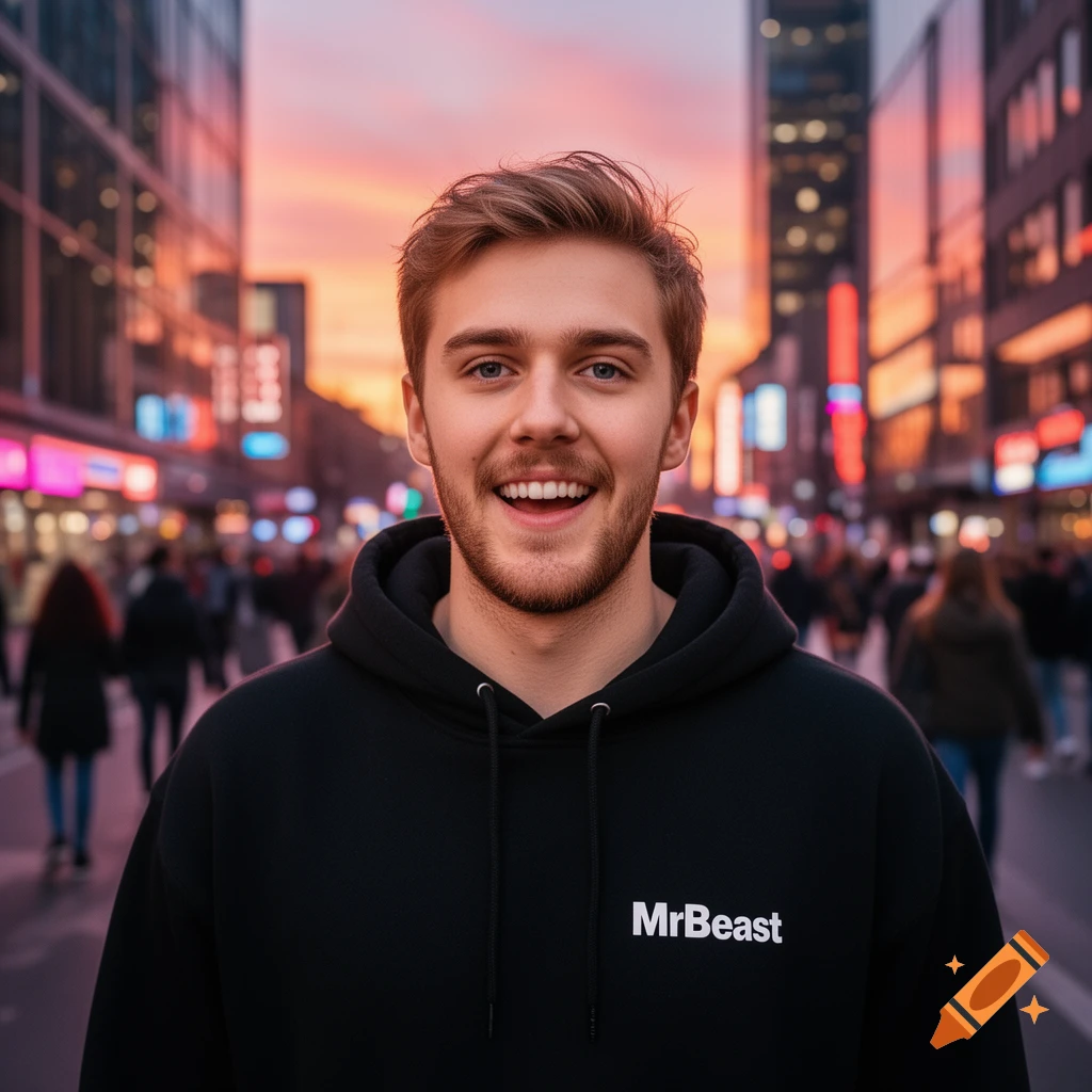 Smiling young man in a black MrBeast hoodie stands on a busy city street at sunset.