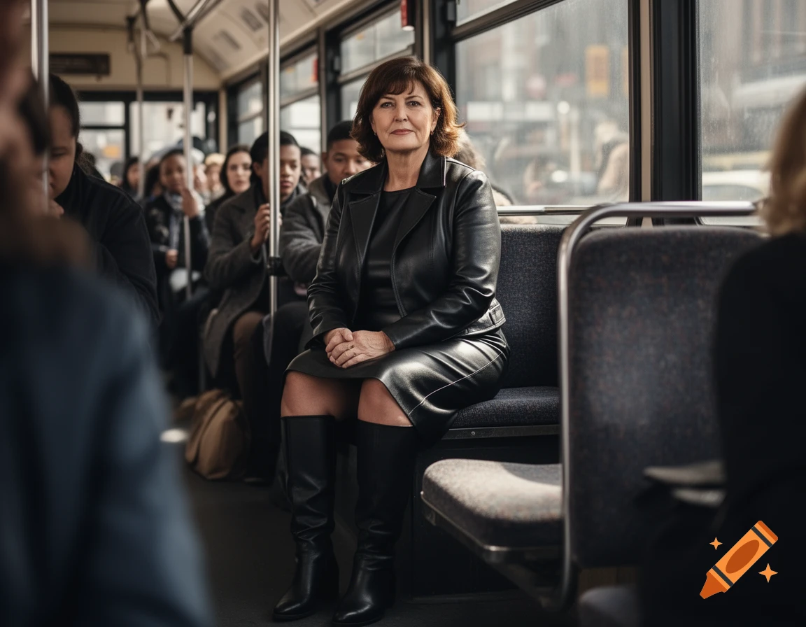 A woman in a black leather jacket, skirt, and knee-high boots sits on a bus, looking forward in a photorealistic style.