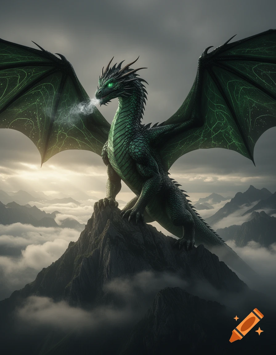 A majestic green dragon with glowing eyes perches on a misty mountain peak, exhaling smoke, in a dramatic, photorealistic style.