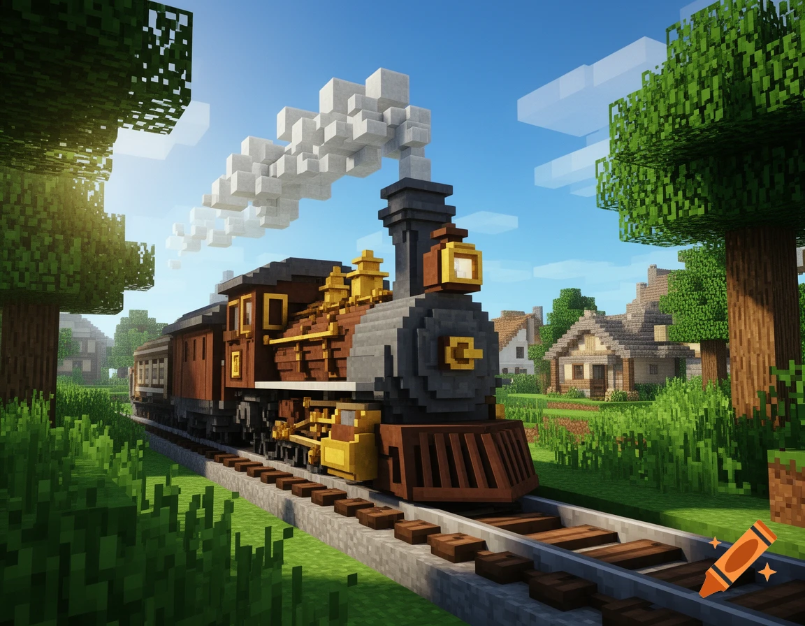 A blocky steam locomotive on tracks in a vibrant, sunny Minecraft-style village landscape with trees and houses.