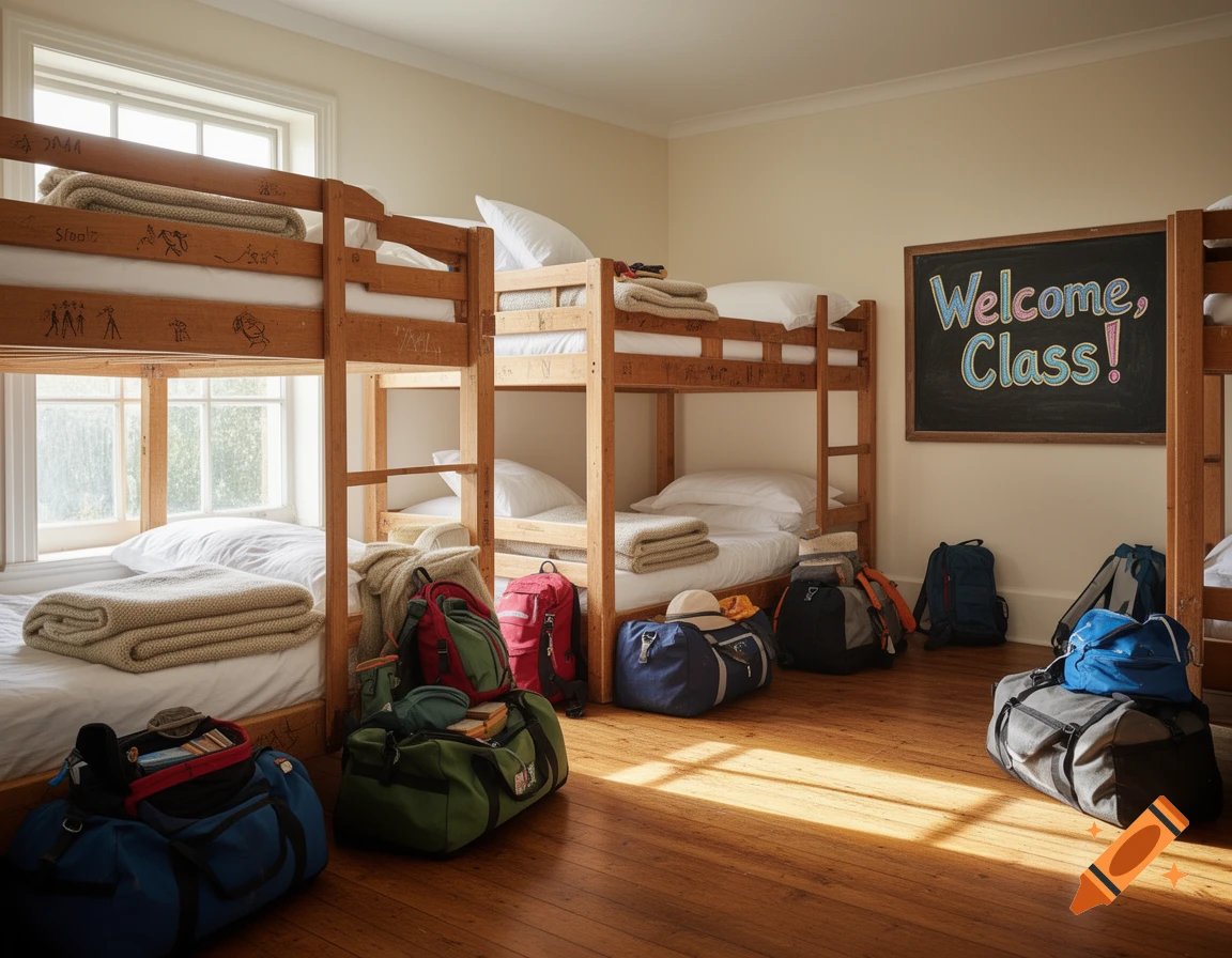 A bright dorm room with wooden bunk beds, white bedding, and several colorful duffel bags and backpacks on a wooden floor. A blackboard reads 'Welcome, Class!'.