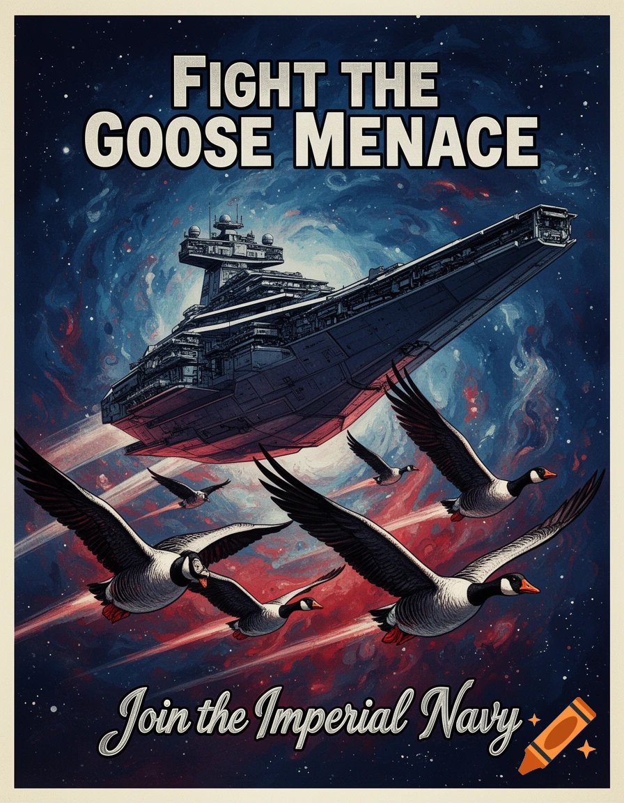 Retro sci-fi propaganda poster with a spaceship and geese in space. Text: 'FIGHT THE GOOSE MENACE' and 'Join the Imperial Navy'.