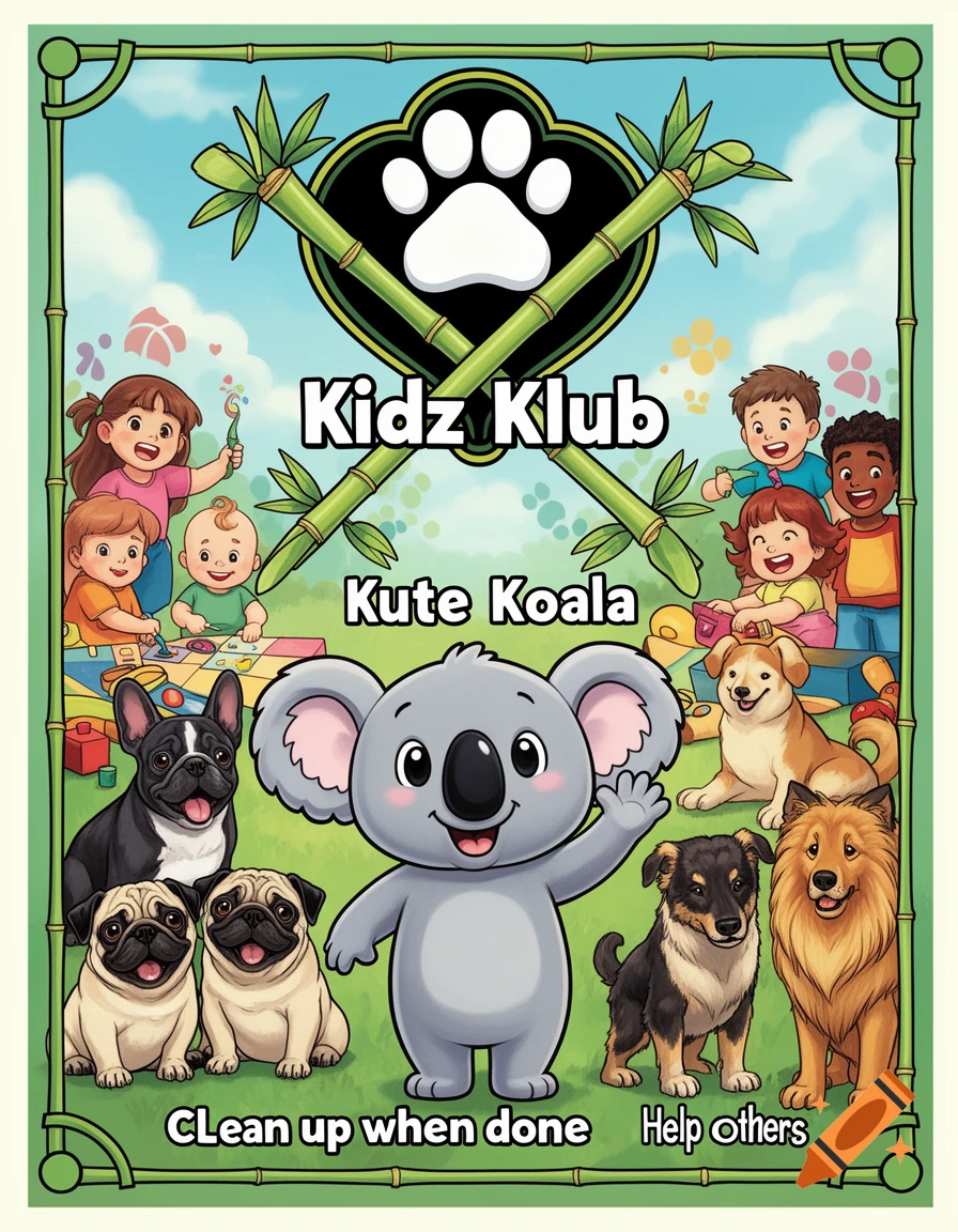Cartoon poster for "Kidz Klub" with a koala mascot, diverse children, and dogs including a French bulldog, pugs, and other breeds, all within a bamboo frame.