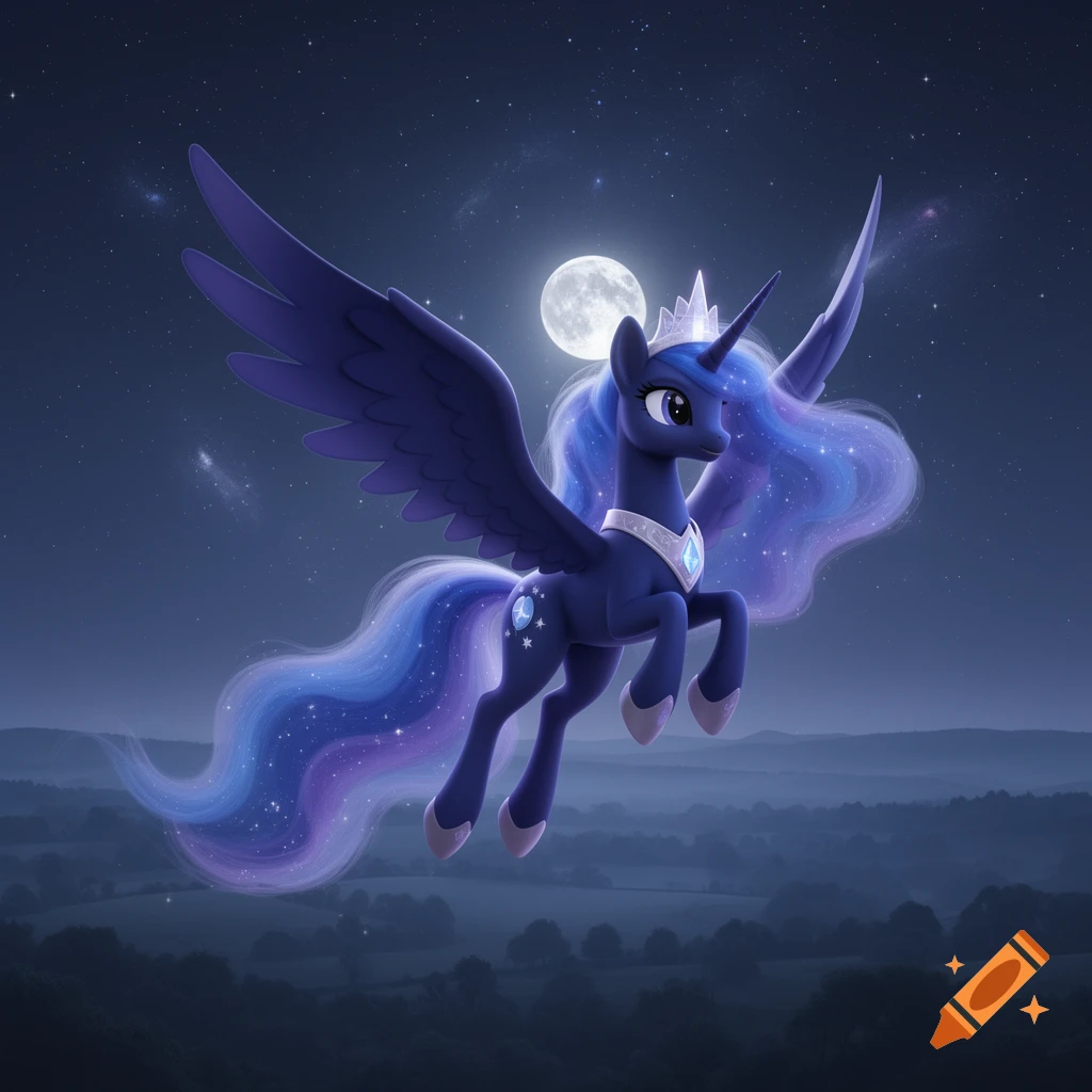 Princess Luna from My Little Pony, a dark blue alicorn with a flowing starry mane and tail, flies across a moonlit night sky over rolling hills.