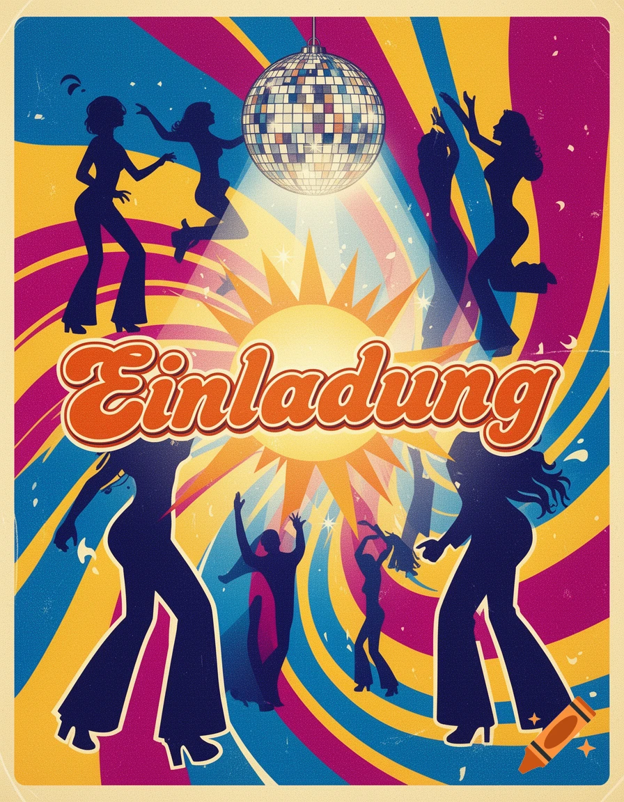Vibrant retro 70s disco invitation poster with dancing silhouettes, a disco ball, sunburst, and 'Einladung' text.