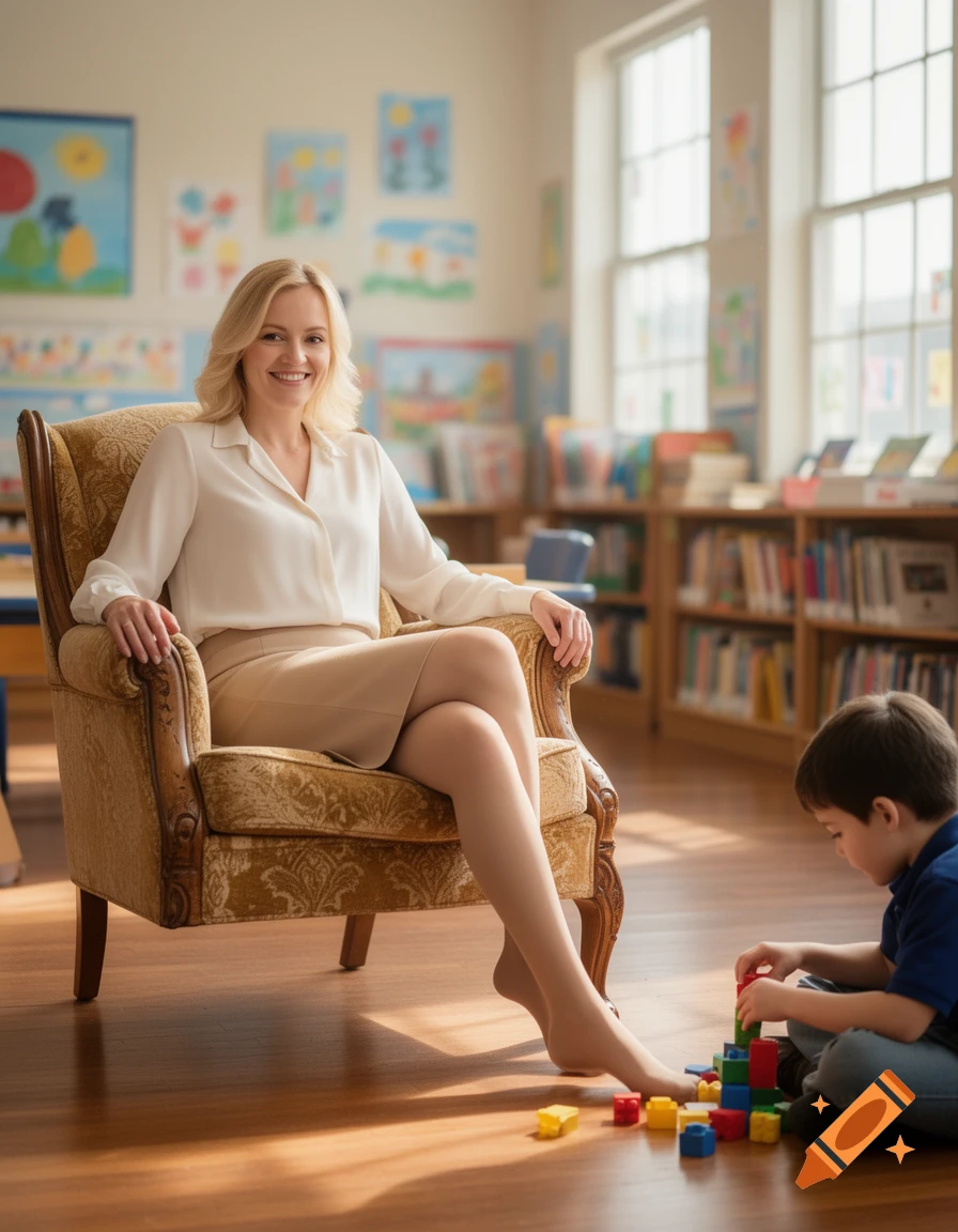 A smiling blonde teacher sits in an armchair while a young boy plays with colorful blocks on the floor in a sunlit classroom.