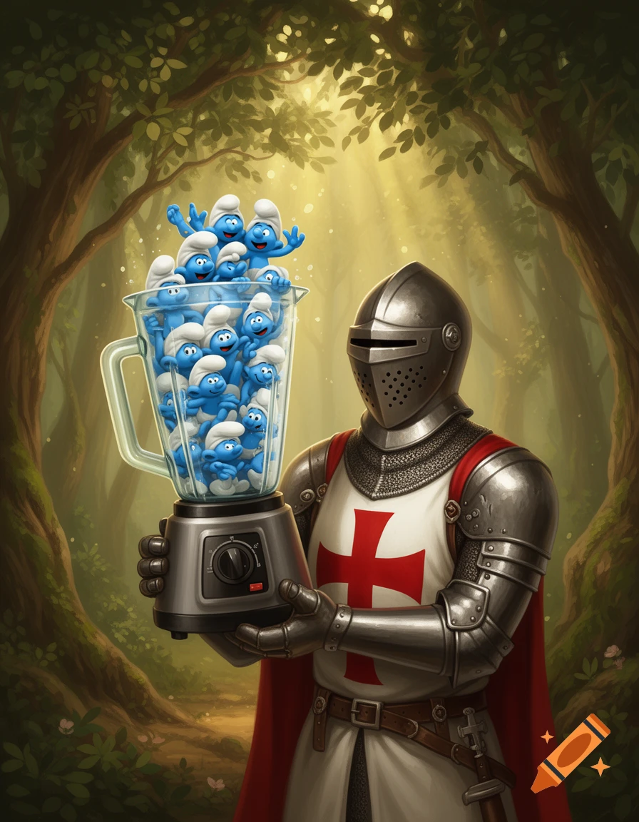 A Knight Templar in full armor holds a blender filled with many blue Smurfs in a sunlit, mystical forest.