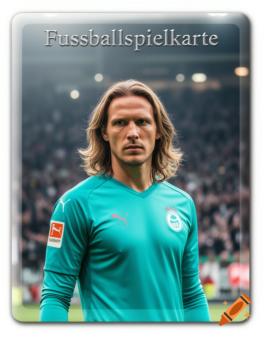 Photorealistic football trading card featuring a male goalkeeper with long hair in a teal uniform, standing in a stadium. The card has "Fussballspielkarte" at the top.