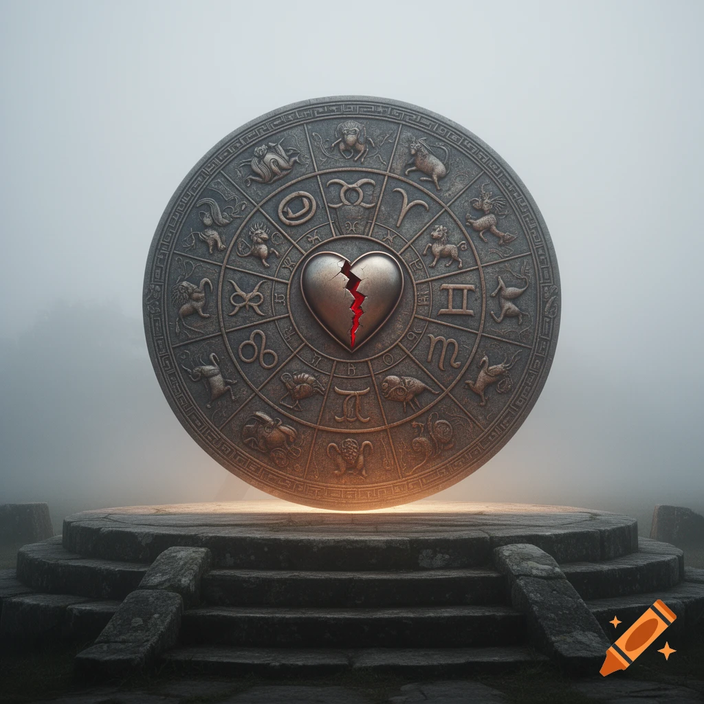A large, weathered stone zodiac wheel with a glowing, broken metal heart at its center, standing on a tiered stone pedestal amidst a misty, ethereal landscape.