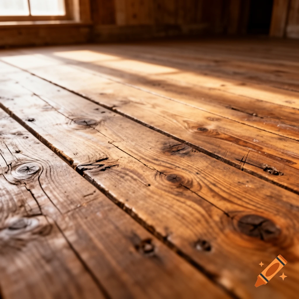 Close-up of sunlit wooden floorboards with visible grain and knots, photorealistic style.