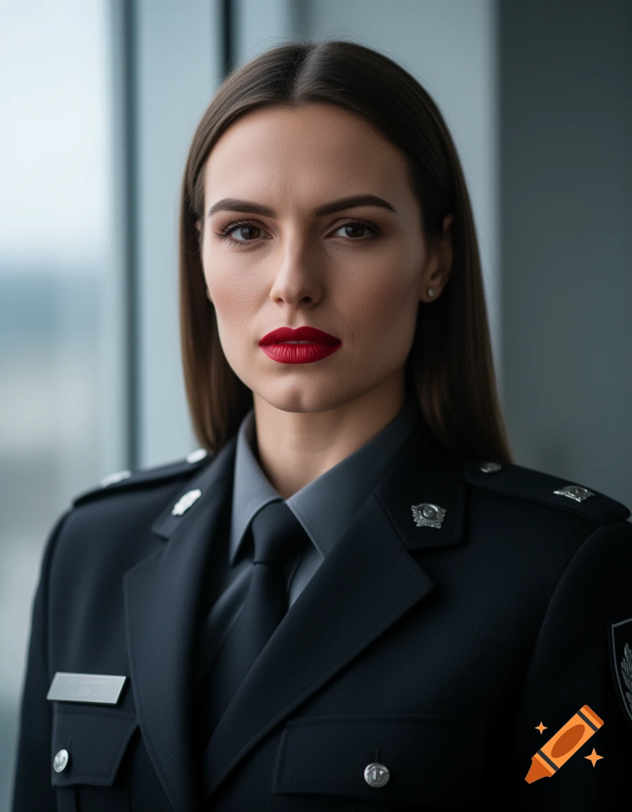 Photorealistic portrait of a woman with long brown hair and red lipstick, wearing a dark blue uniform.